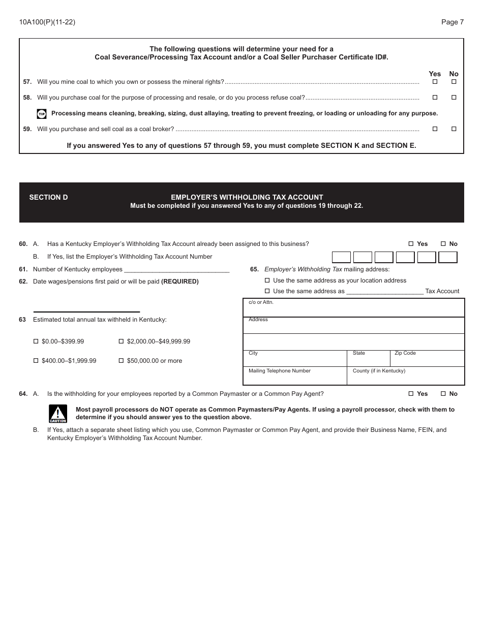 Form 10A100 Kentucky Tax Registration Application - Kentucky, Page 9