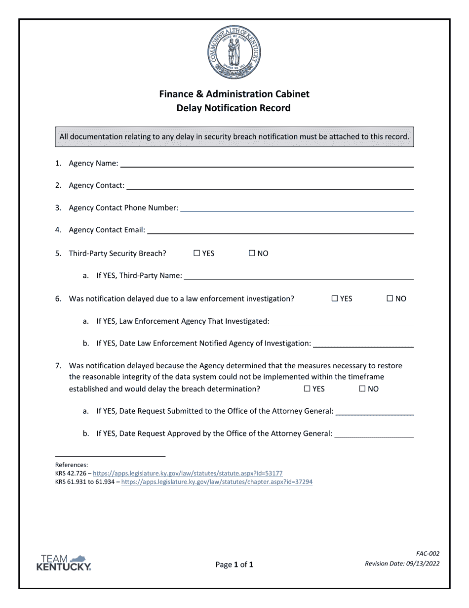 Form FAC-002 Delay Notification Record - Kentucky, Page 1