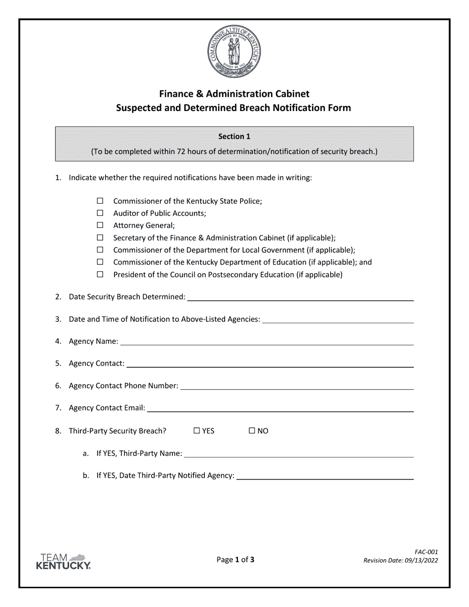 Form FAC-001 Suspected and Determined Breach Notification Form - Kentucky, Page 1