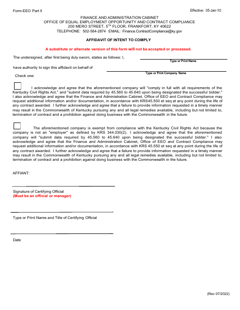 Form EEO Part II Affidavit of Intent to Comply - Kentucky