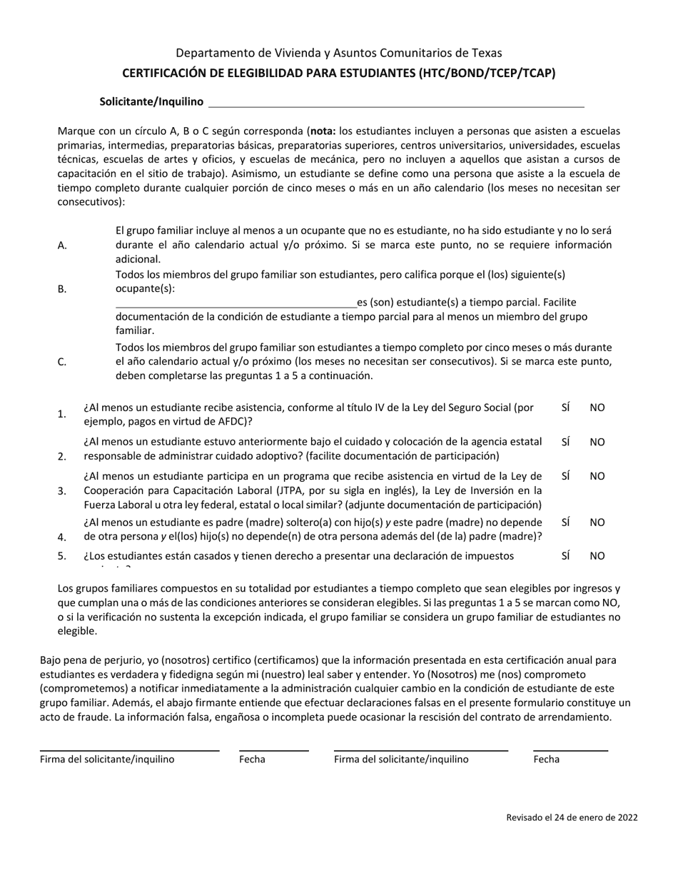 Certificacion De Elegibilidad Para Estudiantes (Htc / Bond / Tcep / Tcap) - Texas (Spanish), Page 1