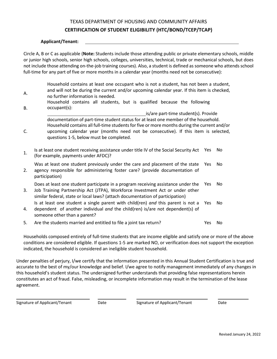 Certification of Student Eligibility (Htc / Bond / Tcep / Tcap) - Texas, Page 1
