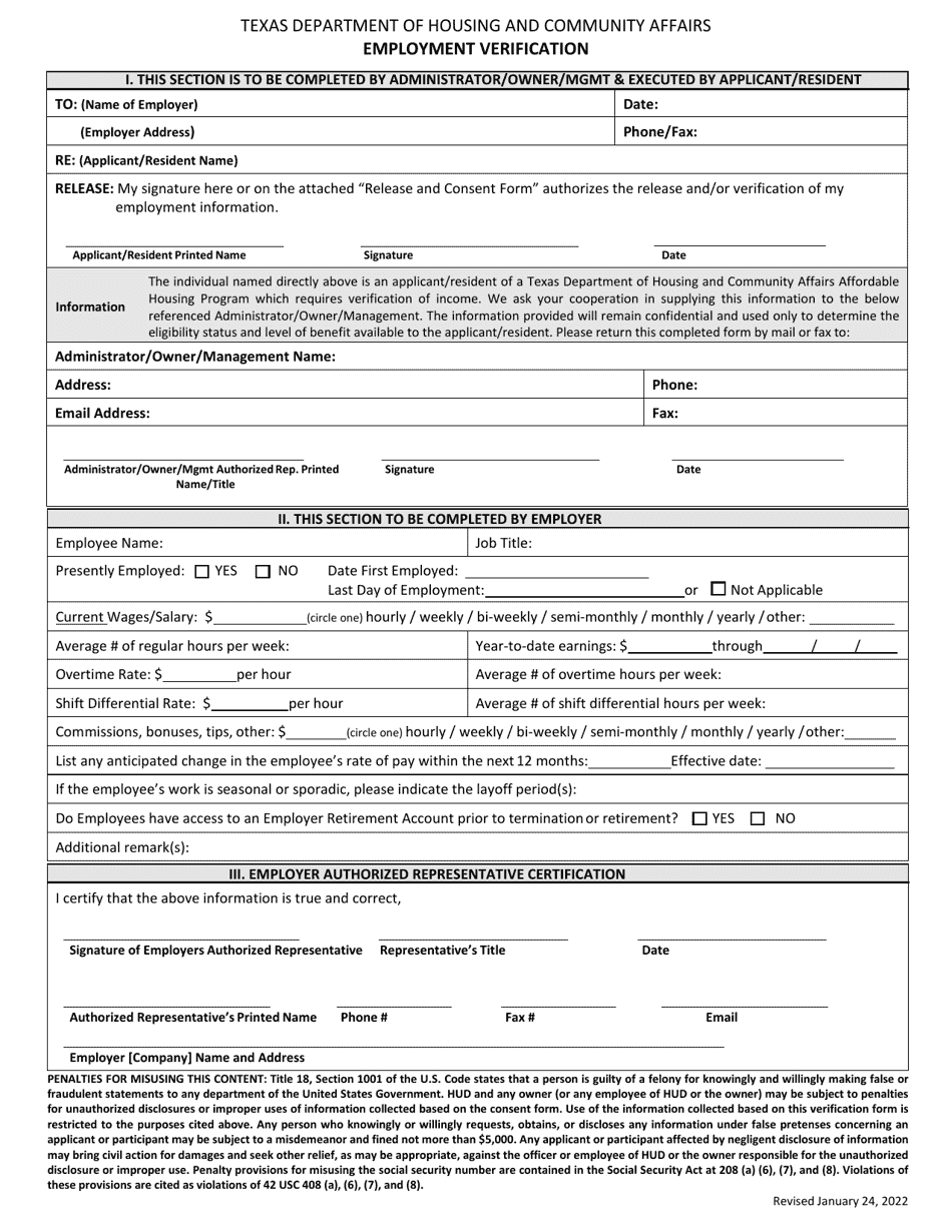 Employment Verification - Texas, Page 1