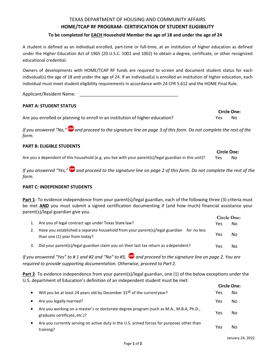 Certification of Student Eligibility - Home / Tcap Rf Program - Texas, Page 1