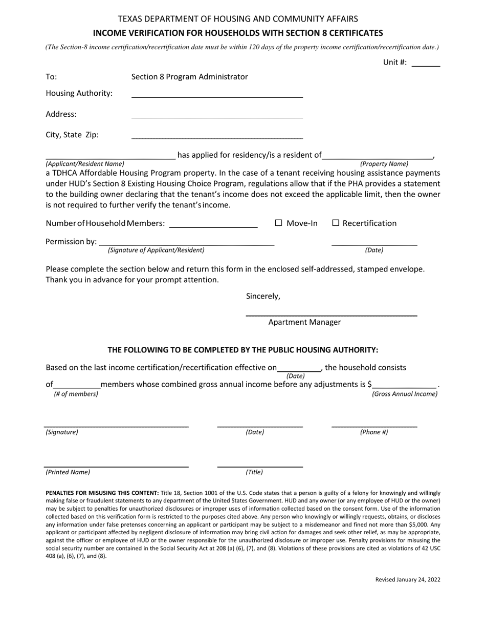 Income Verification for Households With Section 8 Certificates - Texas, Page 1