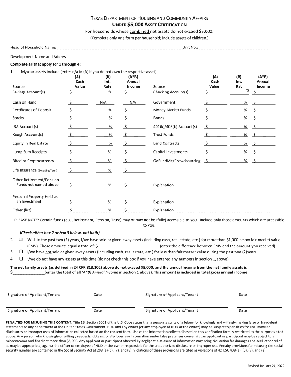 Under $5,000 Asset Certification - Texas, Page 1
