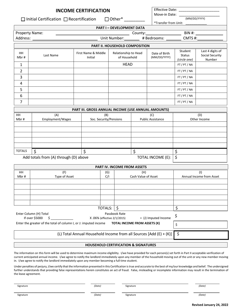 Income Certification - Texas, Page 1