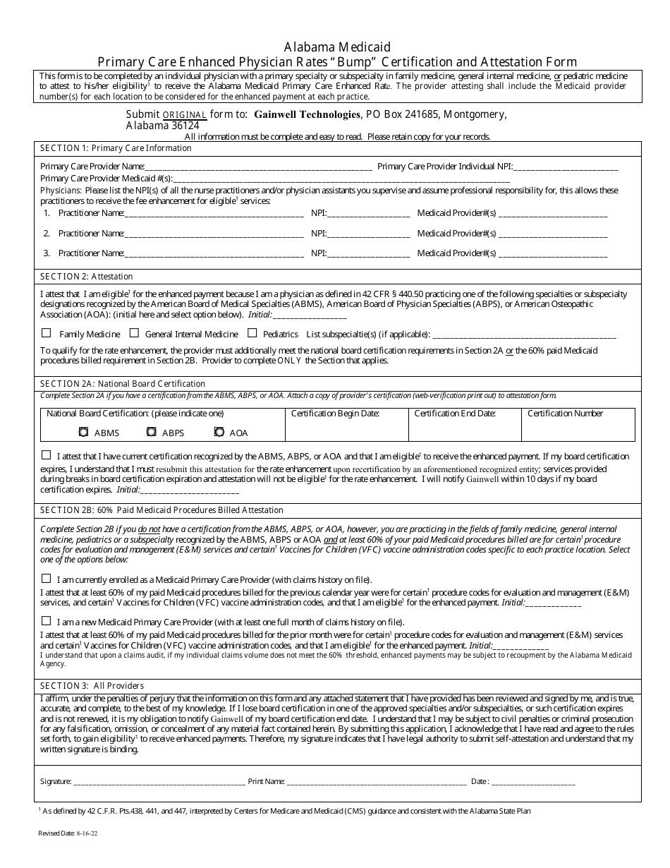 Primary Care Enhanced Physician Rates bump Certification and Attestation Form - Alabama, Page 1