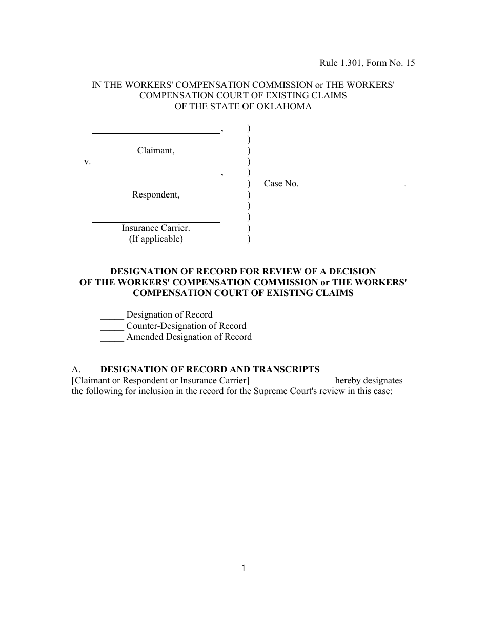 Form 15 Designation of Record for Review of a Decision of the Workers Compensation Commission or the Workers Compensation Court of Existing Claims - Oklahoma, Page 1