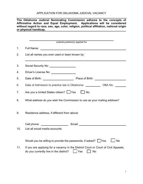Application for Oklahoma Judicial Vacancy - Oklahoma