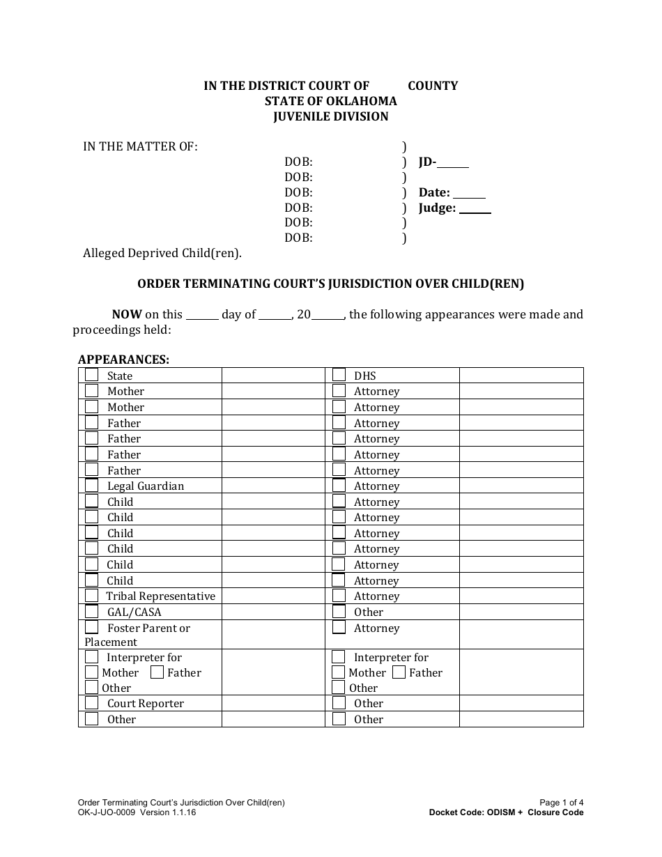 Form OK-J-UO-0009 Order Terminating Courts Jurisdiction Over Child(Ren) - Oklahoma, Page 1