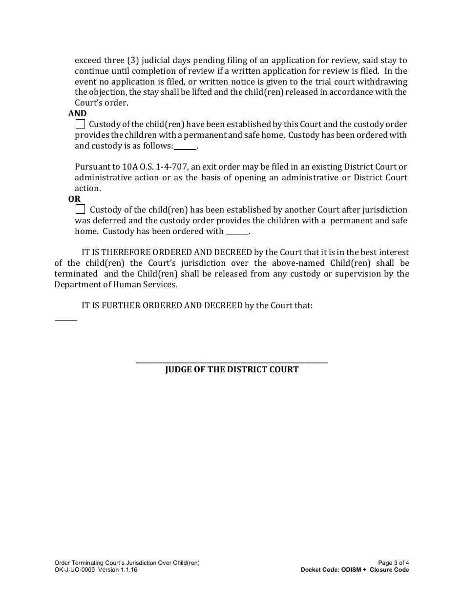 Form OK-J-UO-0009 Order Terminating Courts Jurisdiction Over Child(Ren) - Oklahoma, Page 3
