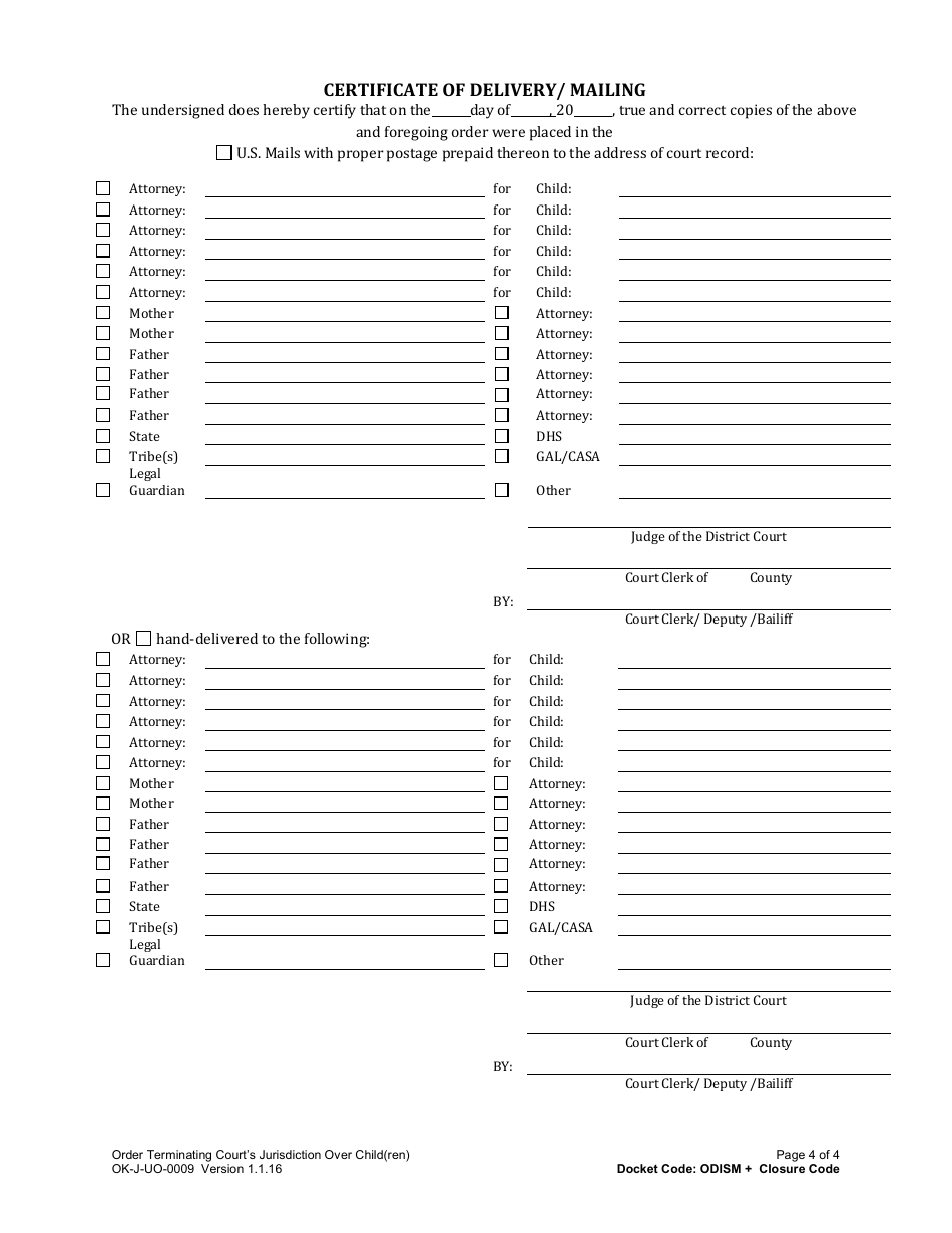 Form OK-J-UO-0009 Order Terminating Courts Jurisdiction Over Child(Ren) - Oklahoma, Page 4