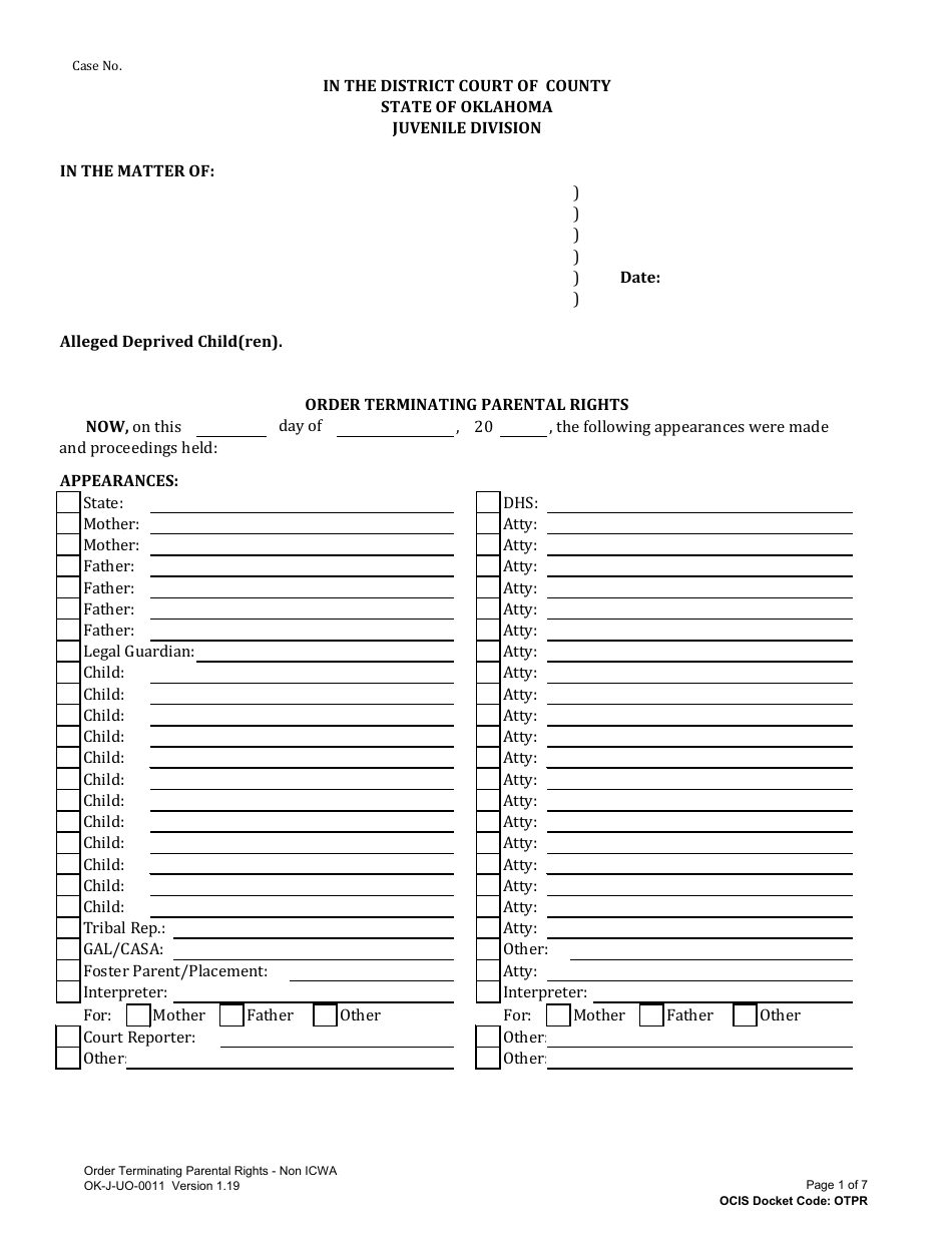 Form OK-J-UO-0011 Order Terminating Parental Rights - Oklahoma, Page 1