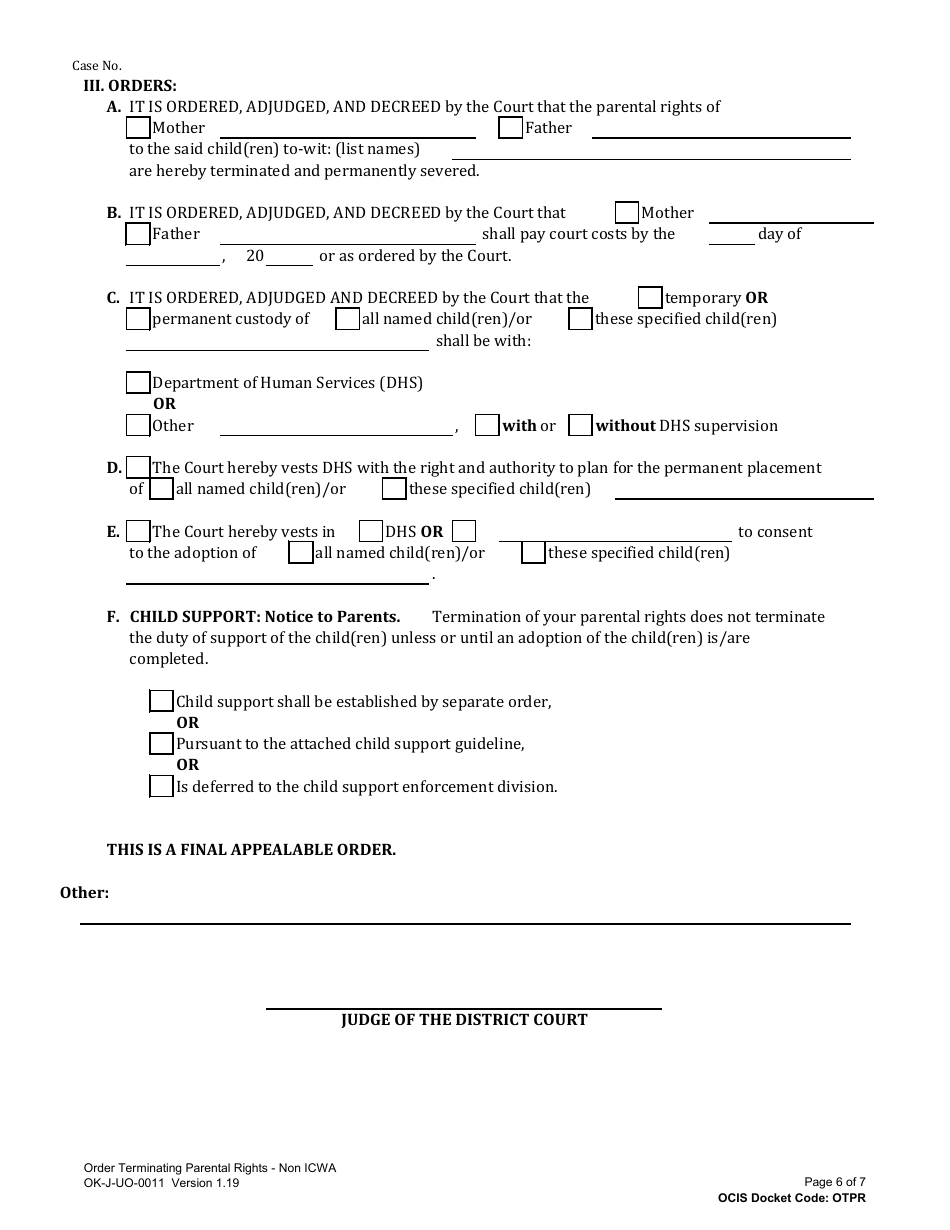 Form OK-J-UO-0011 Order Terminating Parental Rights - Oklahoma, Page 6