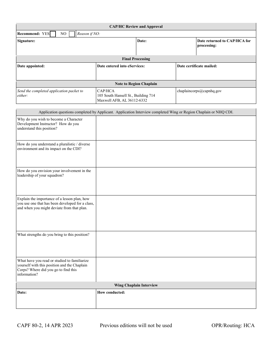CAP Form 80-2 Application for CAP Character Development Instructor Appointment, Page 2
