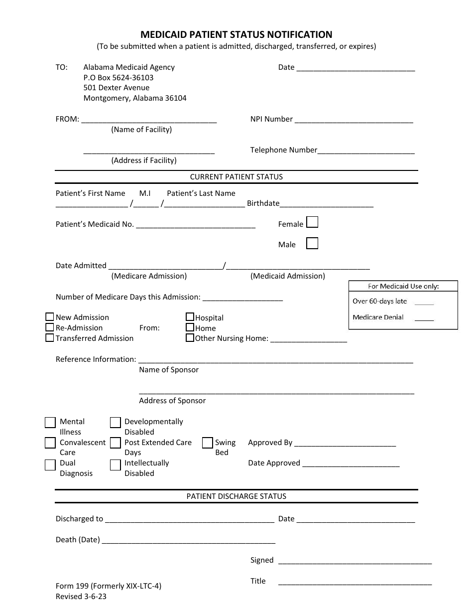 Form 199 Medicaid Patient Status Notification - Alabama, Page 1