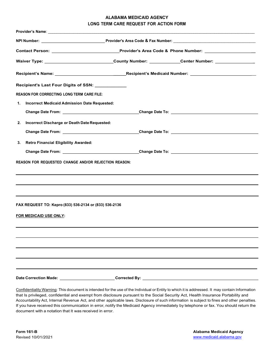Form 161-B Long Term Care Request for Action Form - Alabama, Page 1