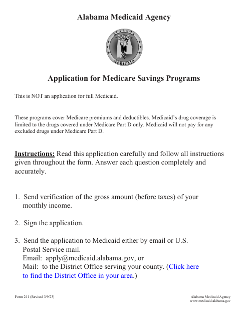 Form 211 Application for Medicare Savings Programs - Alabama