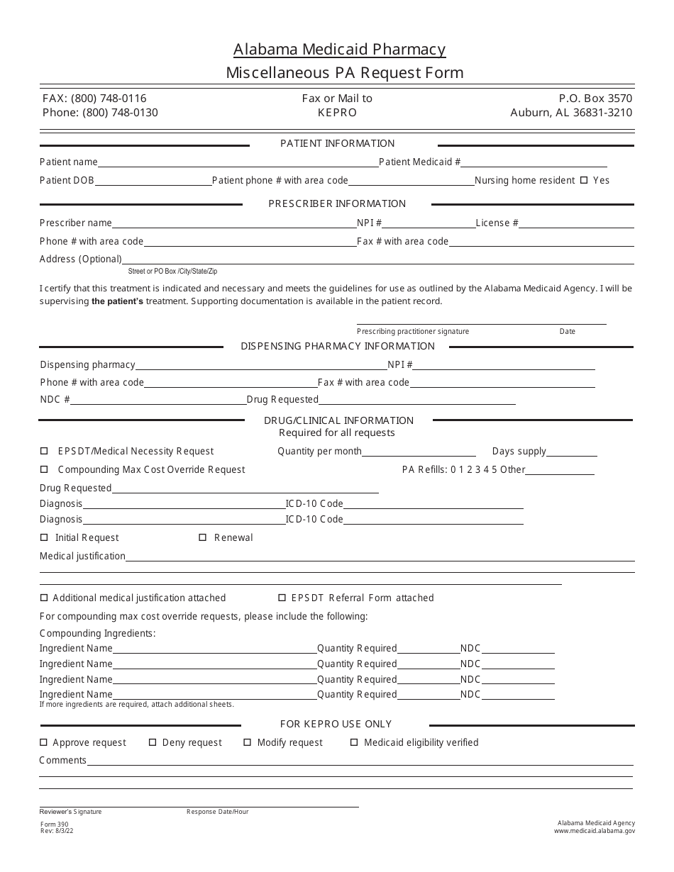 Form 390 Miscellaneous Pa Request Form - Alabama, Page 1