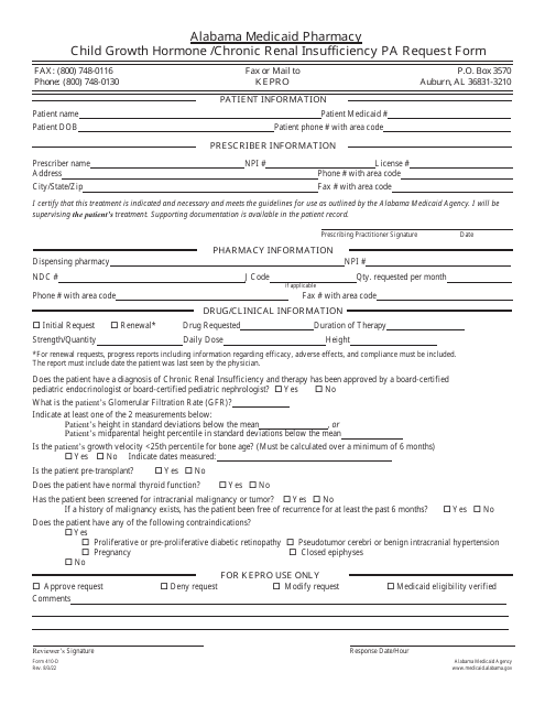 Form 410-D Child Growth Hormone/Chronic Renal Insufficiency Pa Request Form - Alabama