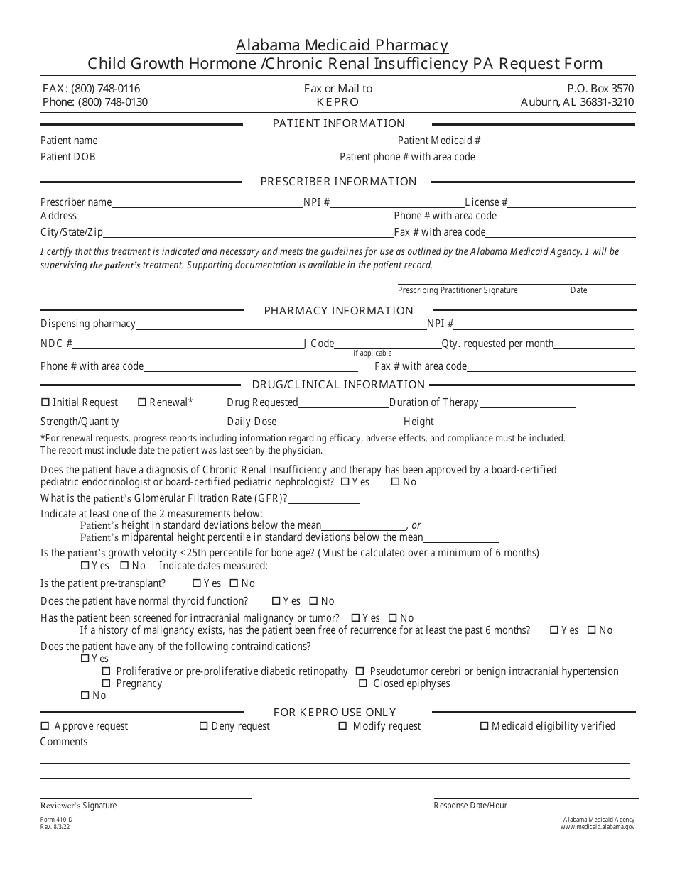 Form 410-D Child Growth Hormone / Chronic Renal Insufficiency Pa Request Form - Alabama, Page 1