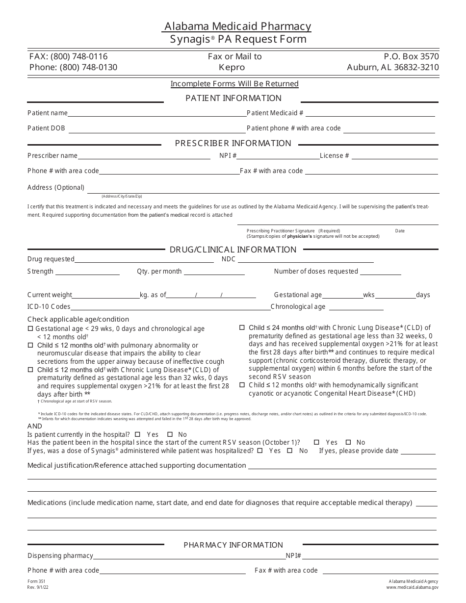 Form 351 Synagis Pa Request Form - Alabama, Page 1