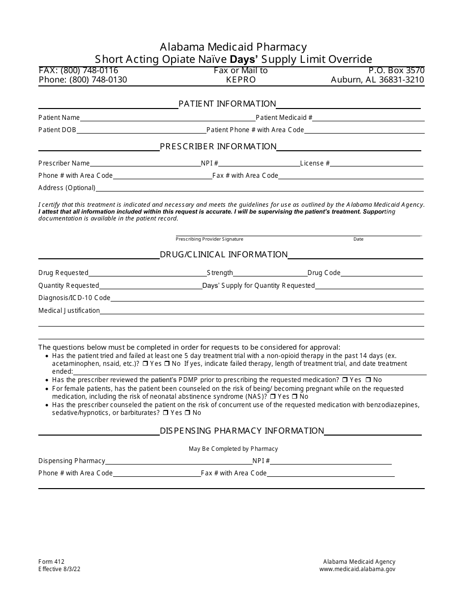 Form 412 Short Acting Opiate Naive Days Supply Limit Override - Alabama, Page 1