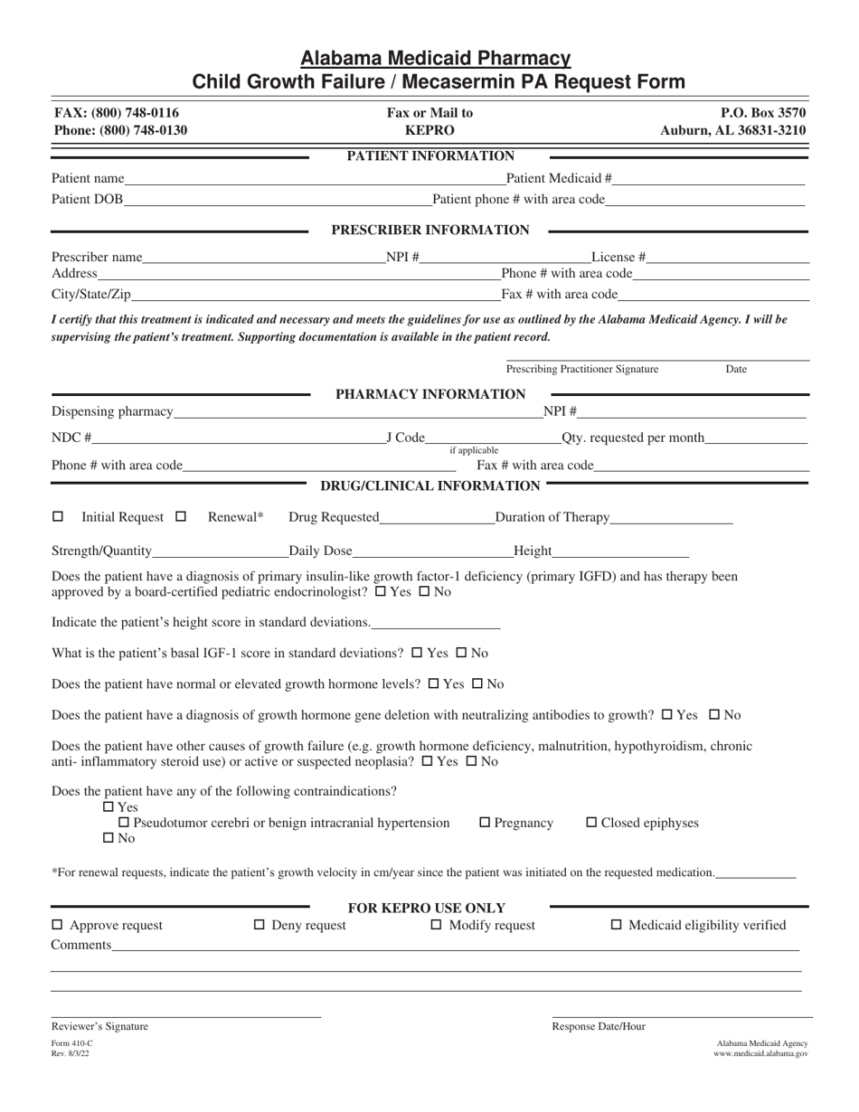 Form 410-C Child Growth Failure / Mecasermin Pa Request Form - Alabama, Page 1