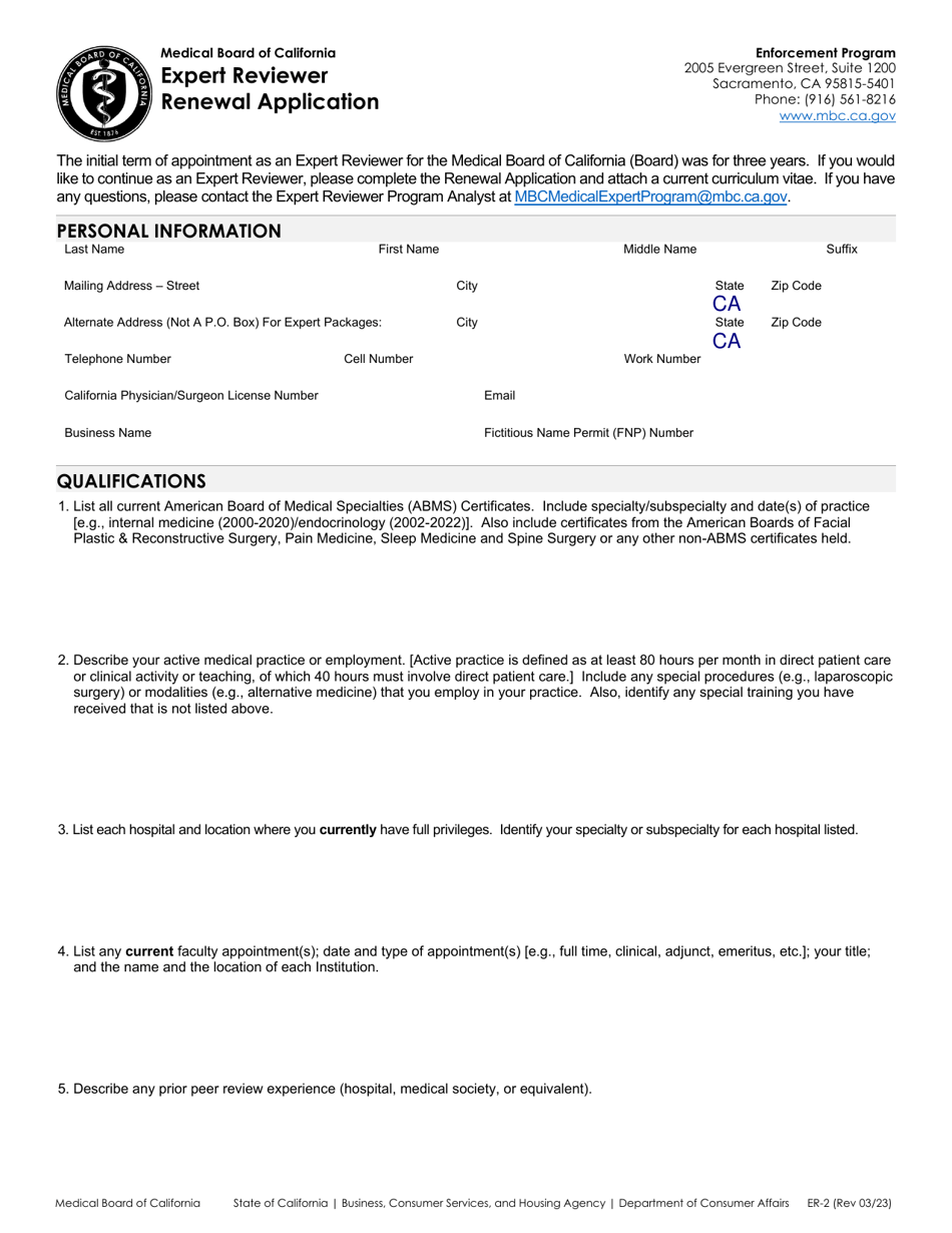 Form ER-2 Expert Reviewer Renewal Application - California, Page 1