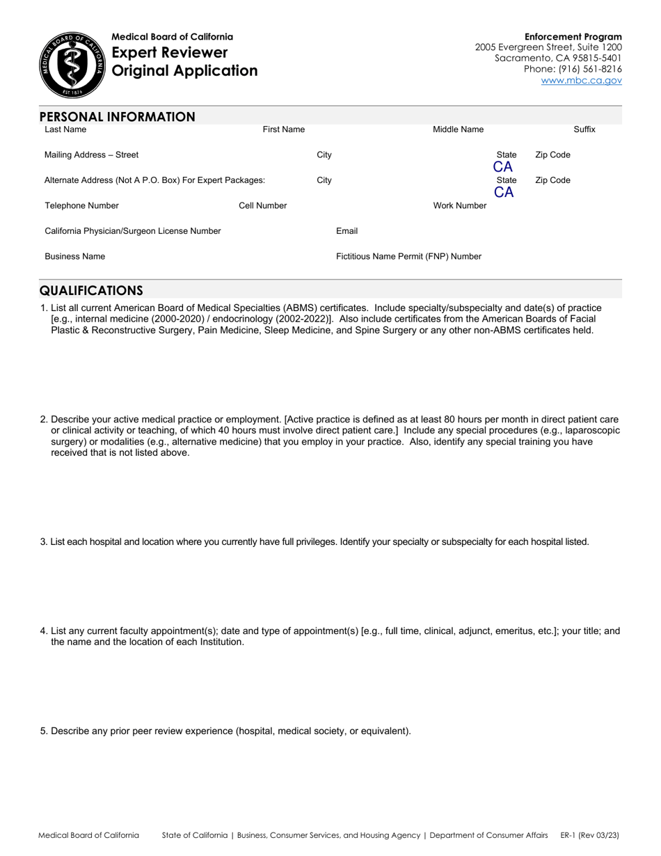 Form ER-1 Expert Reviewer Original Application - California, Page 1