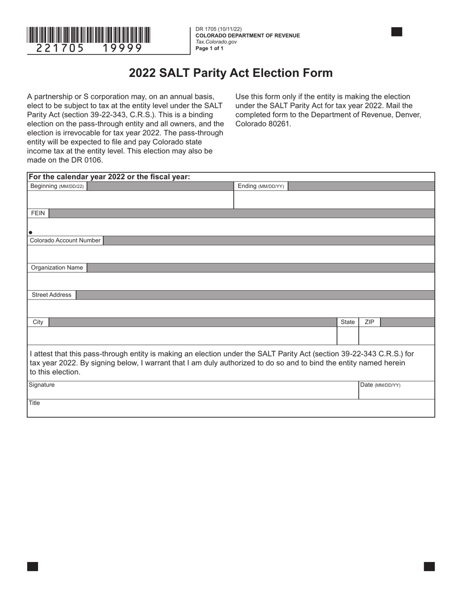 Form DR1705 Salt Parity Act Election Form - Colorado, Page 1