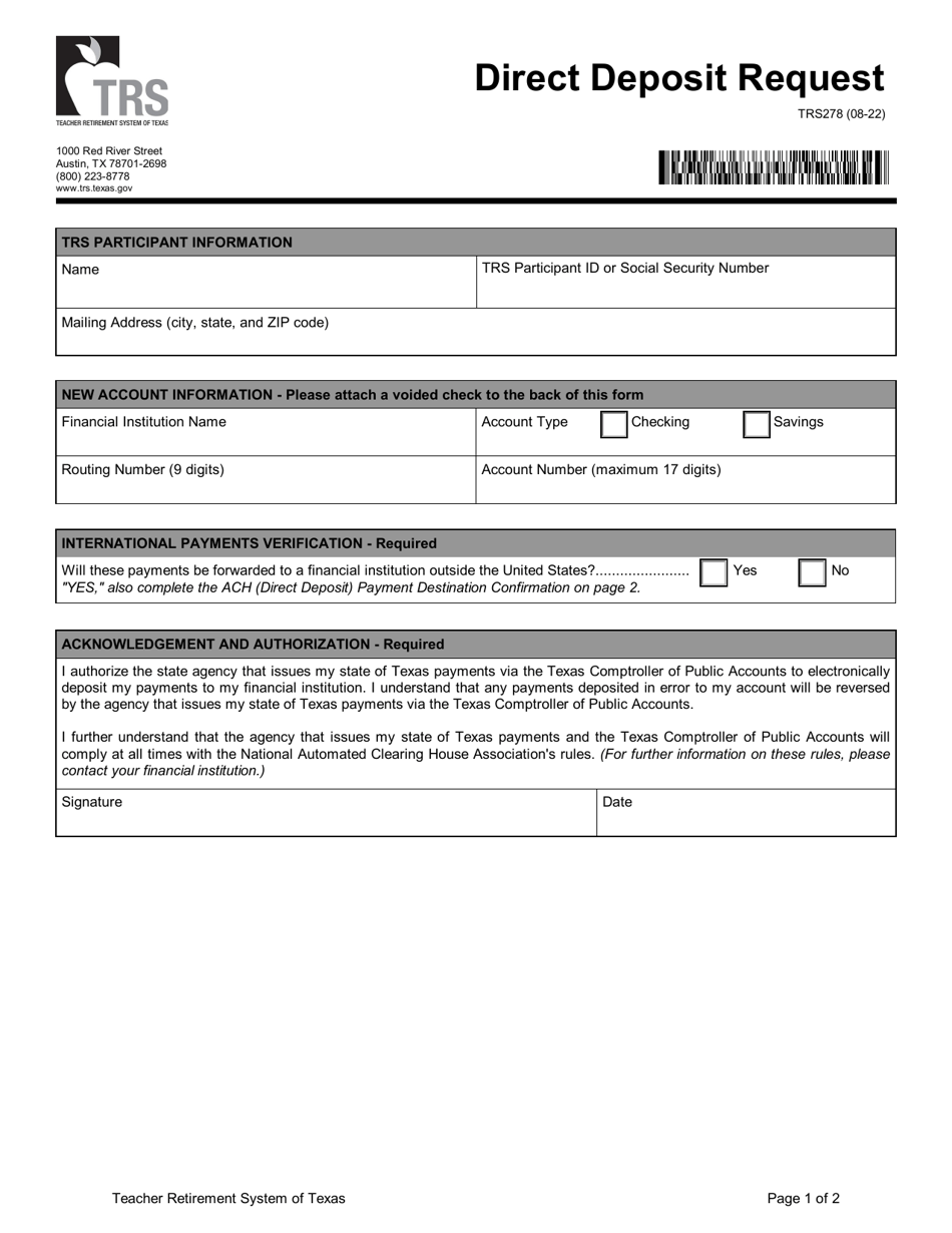Form TRS278 Direct Deposit Request - Texas, Page 1