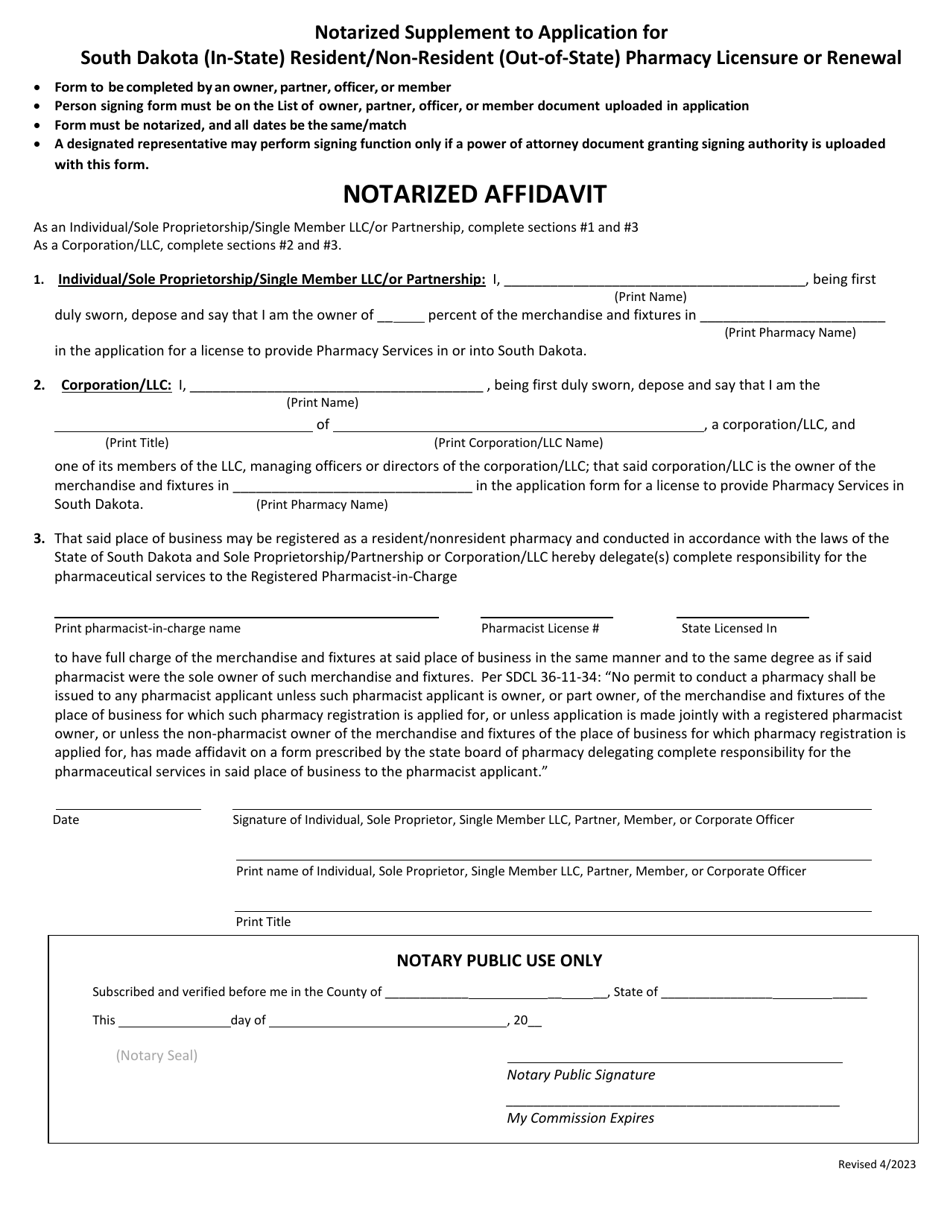 South Dakota Notarized Supplement to Application for South Dakota (In