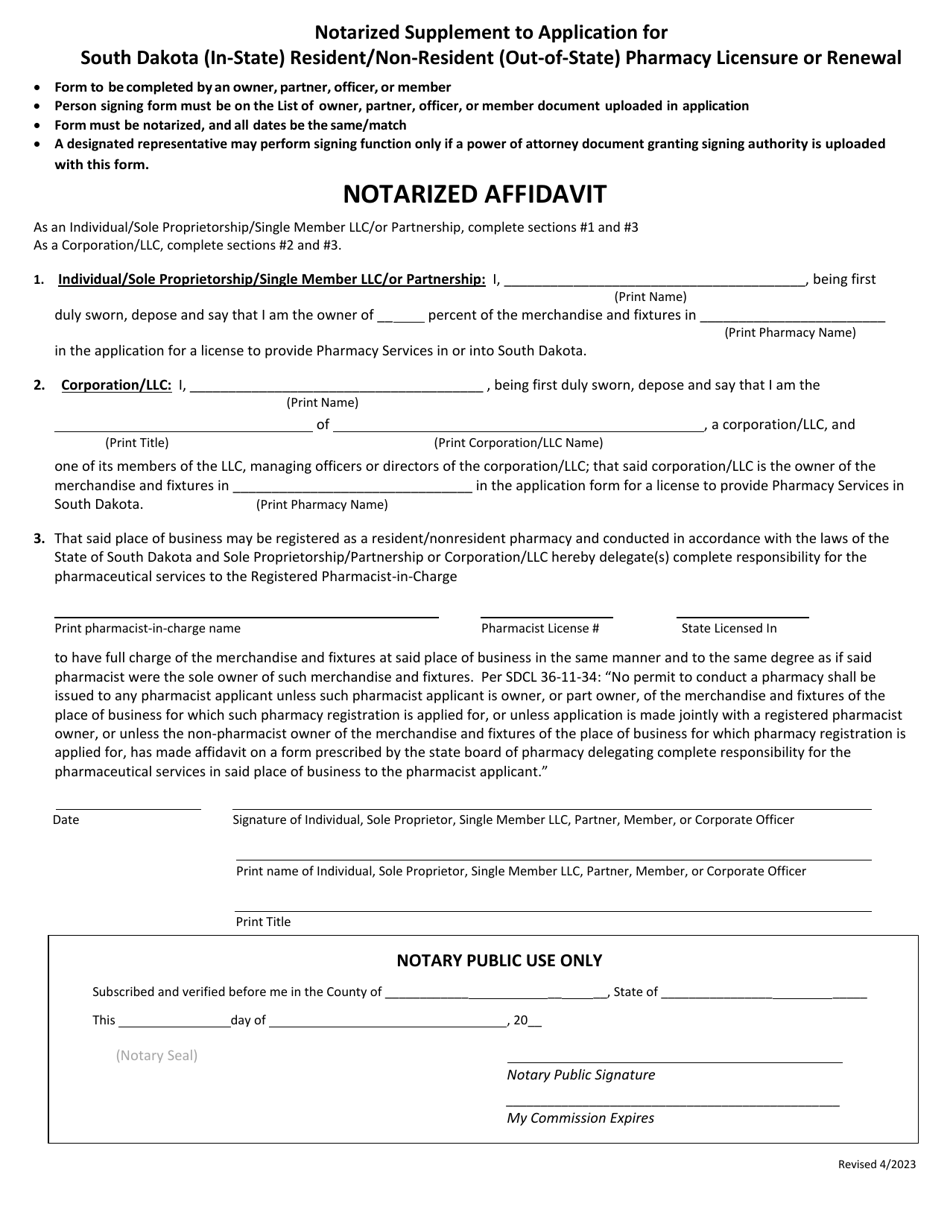 Notarized Supplement to Application for South Dakota (In-state) Resident / Non-resident (Out-of-State) Pharmacy Licensure or Renewal - South Dakota, Page 1