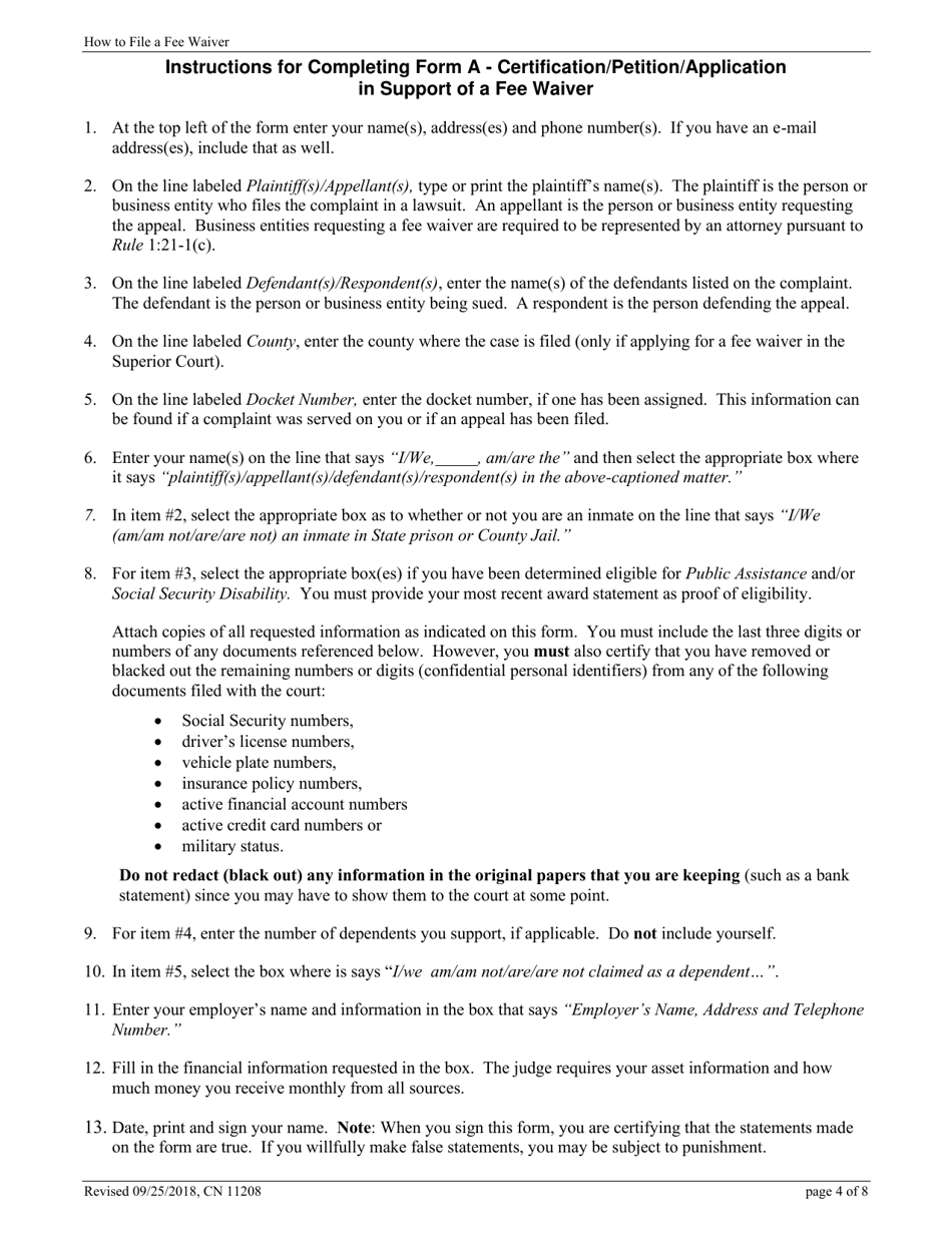 Form 11208 Certification / Petition / Application in Support of a Fee Waiver - New Jersey, Page 4