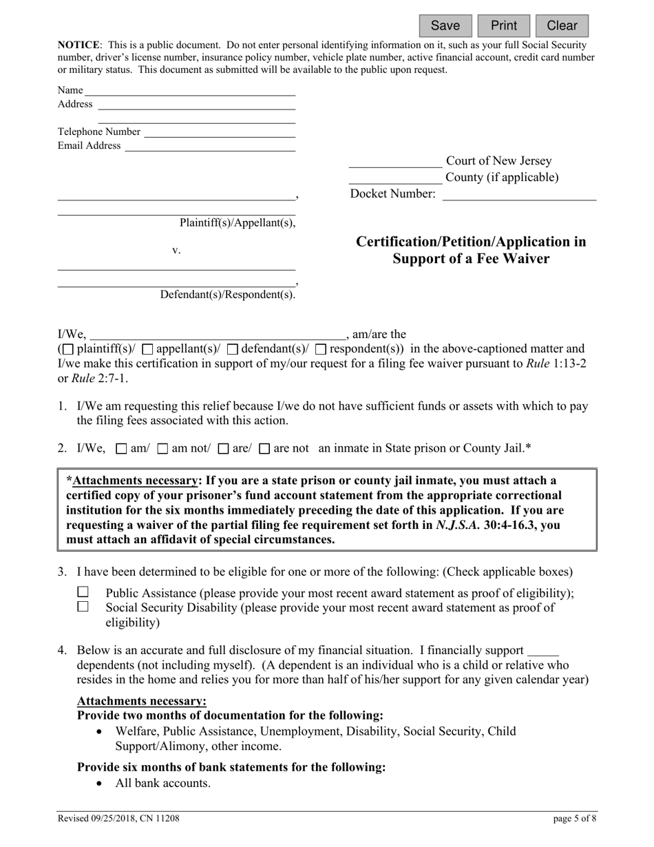 Form 11208 Certification / Petition / Application in Support of a Fee Waiver - New Jersey, Page 5