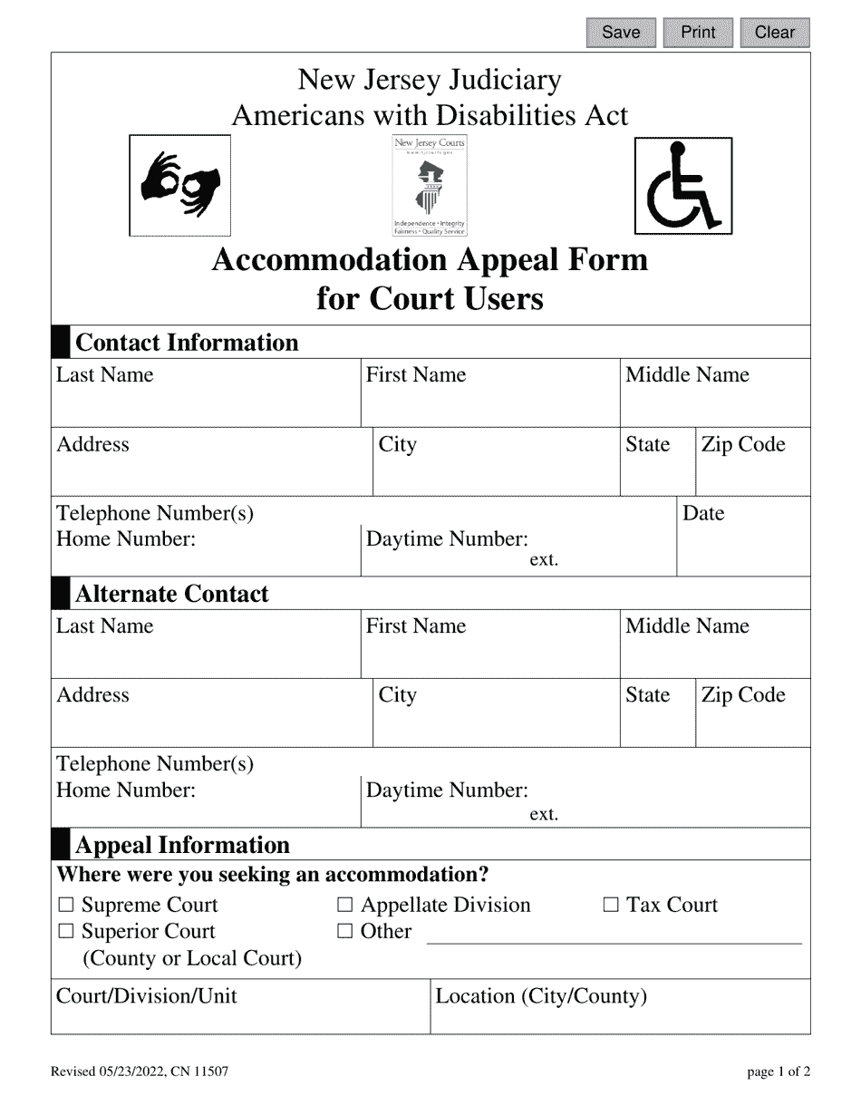 Form 11507 Accommodation Appeal Form for Court Users - New Jersey, Page 1