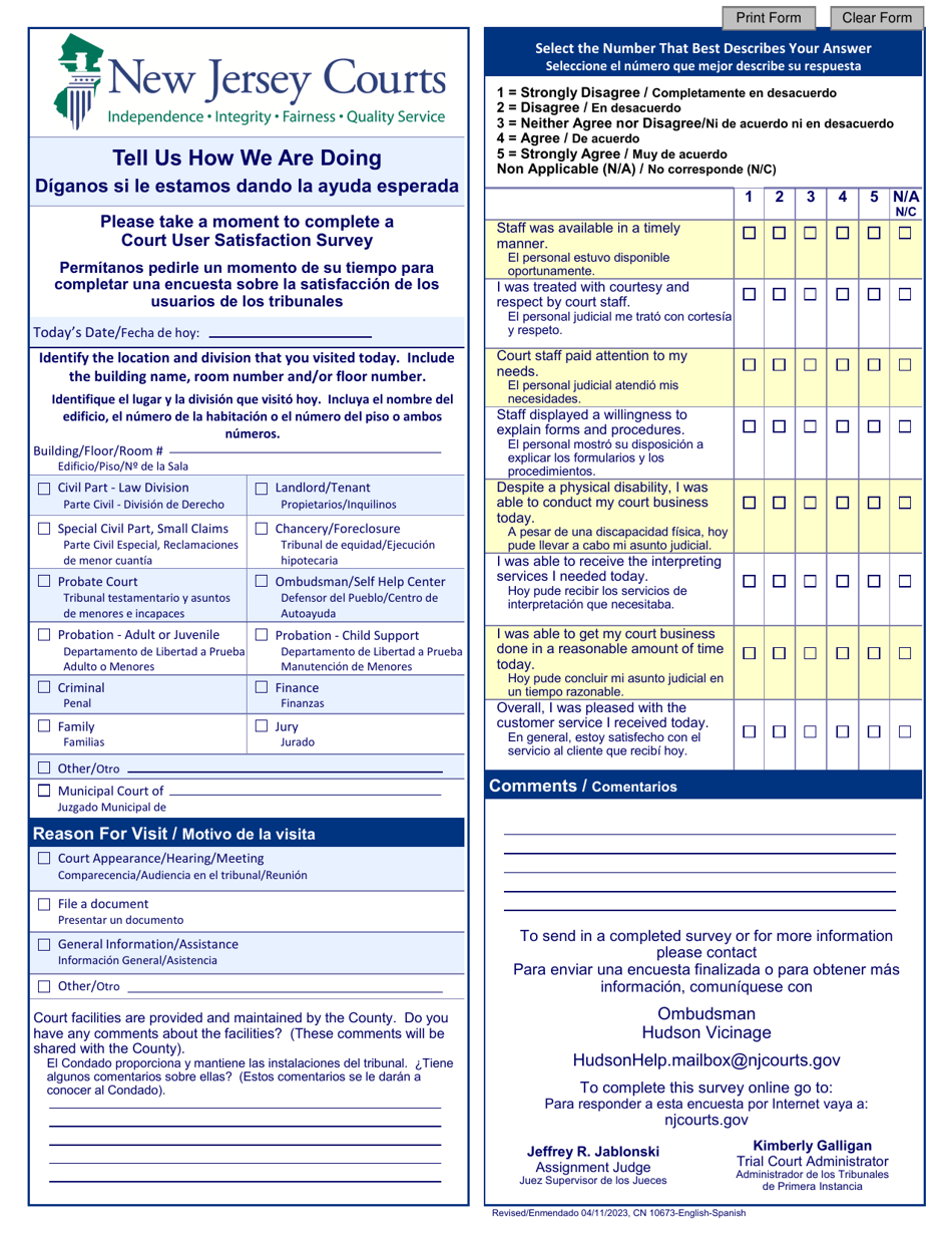 Form 10673 Court User Satisfaction Survey - Hudson - New Jersey (English / Spanish), Page 1