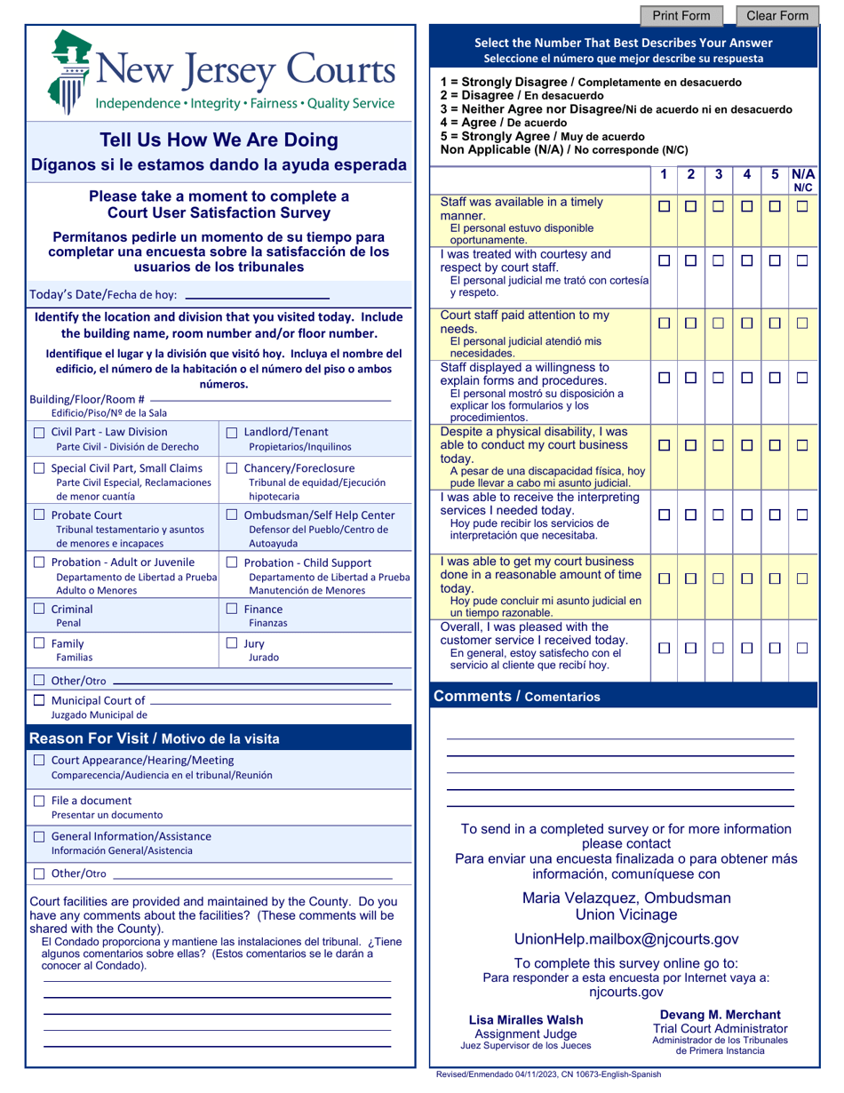Form 10673 Court User Satisfaction Survey - Union - New Jersey (English / Spanish), Page 1