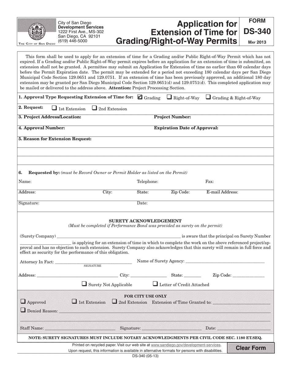 Form DS-340 Application for Extension of Time for Grading / Right-Of-Way Permits - City of San Diego, California, Page 1