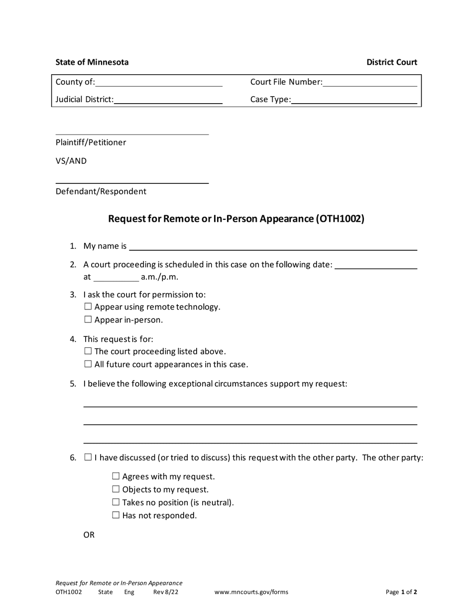 Form OTH1002 Request for Remote or in-Person Appearance - Minnesota, Page 1
