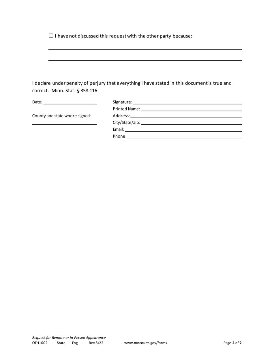 Form OTH1002 Request for Remote or in-Person Appearance - Minnesota, Page 2