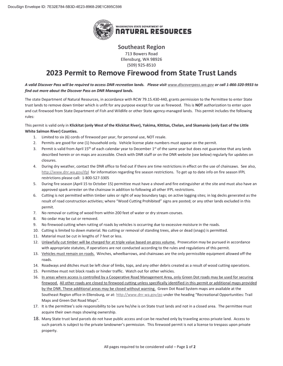 Permit to Remove Firewood From State Trust Lands - Southeast Region - Washington, Page 1