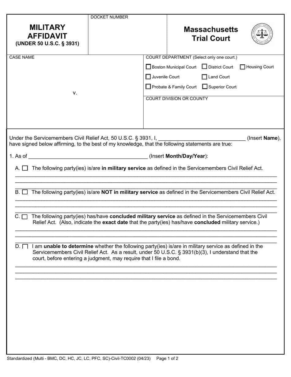 Form TC0002 Military Affidavit (Under 50 U.s.c. 3931) - Massachusetts, Page 1