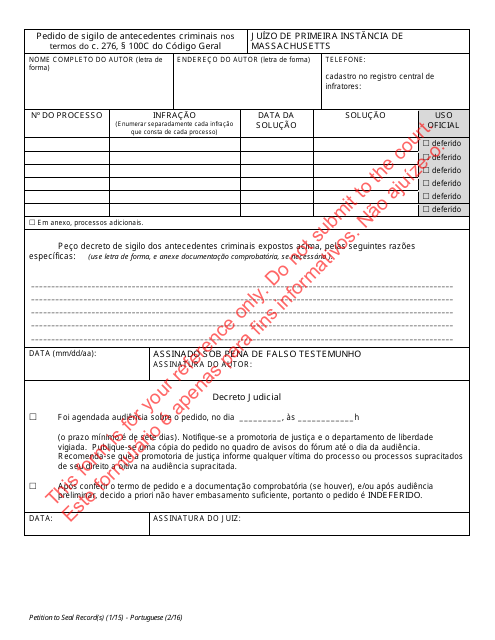 Petition to Seal Record(S) Under G. L. C. 276, 100c - Massachusetts (Portuguese) Download Pdf