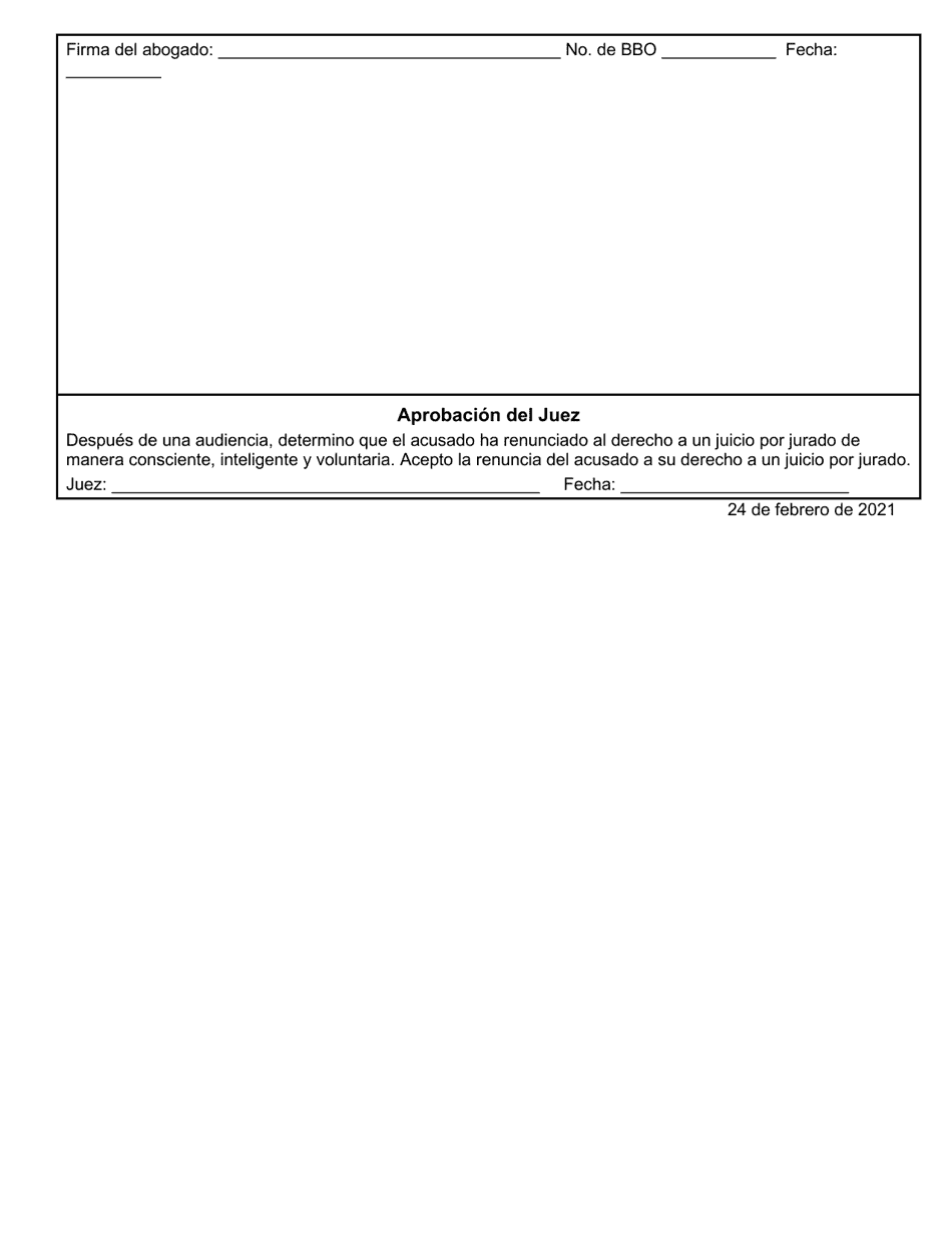 Renuncia Del Acusado a Un Juicio Por Jurado Y Consentimiento Para Un Juicio Ante Solo Un Juez - Massachusetts (Spanish), Page 2