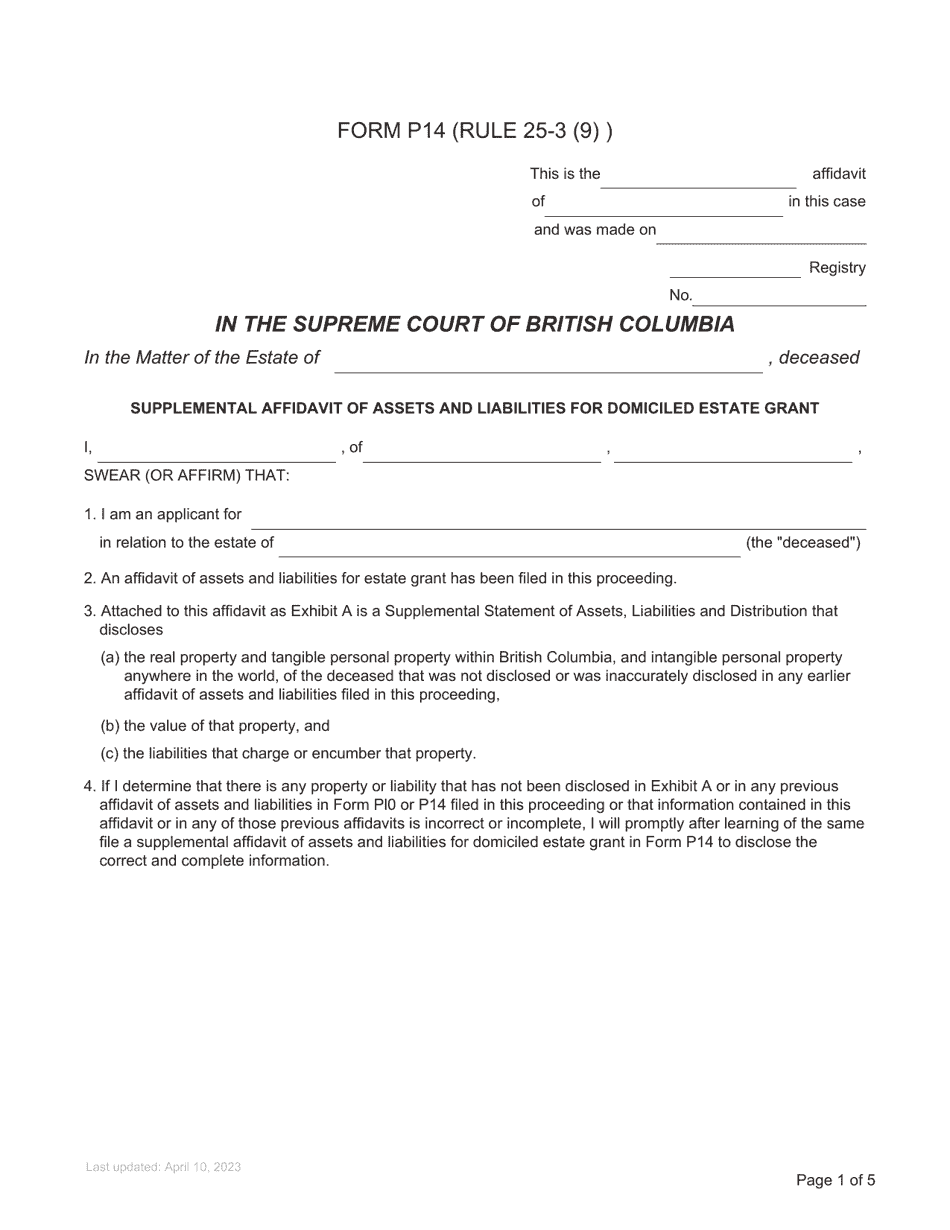 Form P14 Supplemental Affidavit of Assets and Liabilities for Domiciled Estate Grant - British Columbia, Canada, Page 1