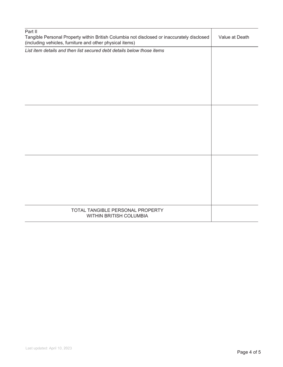 Form P14 Supplemental Affidavit of Assets and Liabilities for Domiciled Estate Grant - British Columbia, Canada, Page 4