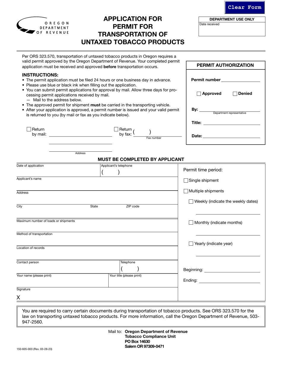 Form 150-605-003 Application for Permit for Transportation of Untaxed Tobacco Products - Oregon, Page 1